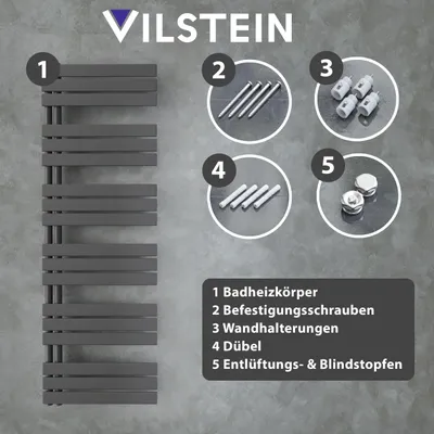Produktbild von VILSTEIN Badheizkörper elektrisch, Handtuchheizkörper seitlich offen, Handtuchtrockner Bad, Wandheizkörper, Handtuchheizung Badezimmer, Heizkörper Handtuchhalter, Schwarz, 180x60 cm