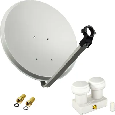 A satellite dish antenna and its accessories are displayed against a white background.