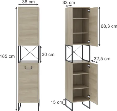 Zdjęcie produktu dla Szafka łazienkowa Vicco Vionna Dąb/czarny 36 x 185 cm z 2 drzwiami, Model 55338