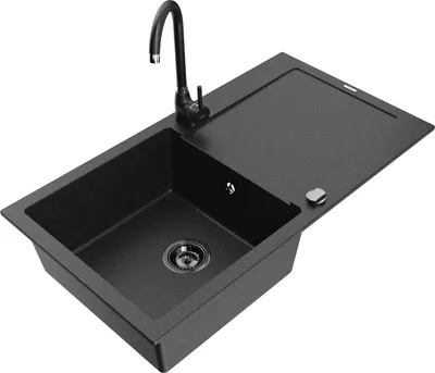 Produktbild von Mexen Leo 1 Becken-Granitspüle mit Abtropffläche und Mischbatterie Telma, Schwarz/Silbermetallic - 6501-73-670200-70-B