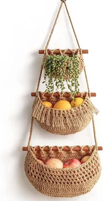 Produktbild von Dreistöckiger, gewebter Jute-Obstkorb zur Wandmontage für Obst, Gemüse und Obst