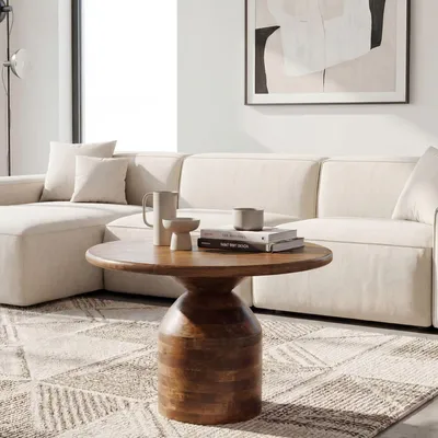 Image de FineBuy : Table basse en bois de mangue massif, 60 cm de diamètre, design naturel et rond, idéale pour le salon, comme table d'appoint, table de chevet ou table basse. Pieds en colonne, fabriquée à la main