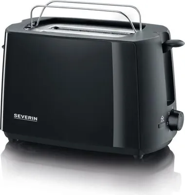 A black Severin toaster is shown from a slightly elevated front-side angle against a white background.