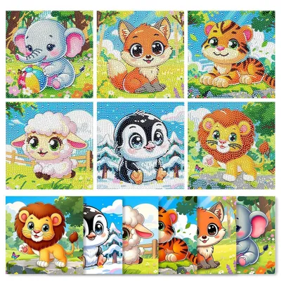 Productafbeelding van Diamantverfset dieren, 6 stuks, 15x15 cm, 5D, doe-het-zelf knutselset voor volwassenen
