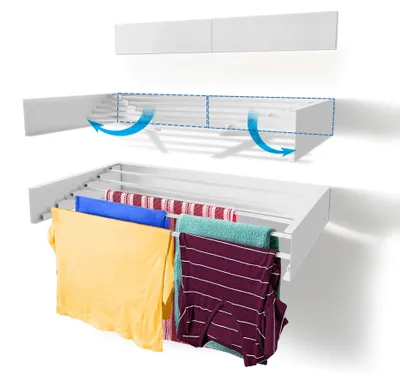 Produktbild von Ausziehbare und zusammenklappbare Wandwäscheleine für den Innen- und Außenbereich. Kompaktes und platzsparendes Design, Tragkraft 25 kg, 6 m Kabel (70 cm – weiß).