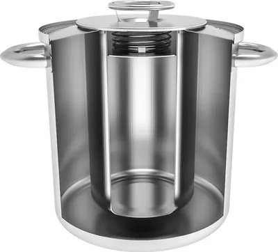 A cutaway view of a stainless steel pot with an inner cylinder and a lid.
