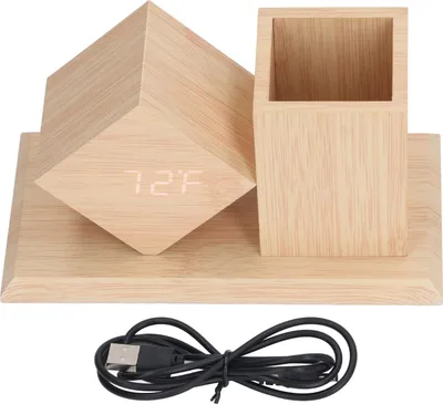 Produktbild von Stifthalter, Uhr, Sprachsteuerung, HD-LED-Display, USB, batteriebetrieben, digitaler Alarm aus Holz mit Thermometer