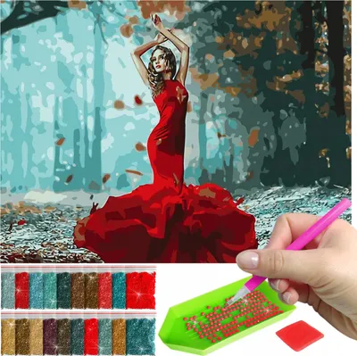 Produktbild von ARTULIO Diamond Painting Set - Frau im roten Kleid vor geheimnisvollem Wald - 30 x 40 cm - Diamant Painting, Home Wand Deko