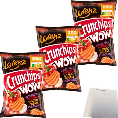 Produktbild von Lorenz Crunchips WOW Paprika & sour Cream geriffelte Kartoffelchips 3er Pack (3x110g Beutel) + usy Block
