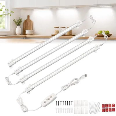 Produktbild von 4er Set 33cm LED Unterbauleuchte USB Schrankleuchte Kaltweiß 6000K Dimmbar Lichtleiste Schrankleuchte Küchenlicht mit Timer