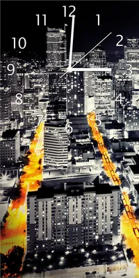 Produktbild von Wallario Design Wanduhr bedruckt, Größe 30 x 60 cm, Motiv: Großstadt bei Nacht - Seattle in schwarz weiß gelb