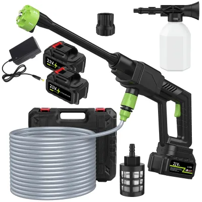 A collection of items for a portable pressure washer, including the washer itself, batteries, charger, hose, and accessories, arranged on a white background.