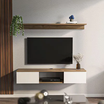 Obrázok produktu pre Skye Decor, moderný TV stolík v odtieni orech a biela, 140 x 25,6 x 32 cm | 100 % melamínom potiahnutá drevotriesková doska, hrúbka 18 mm | Elegantný dizajn pre váš domov.