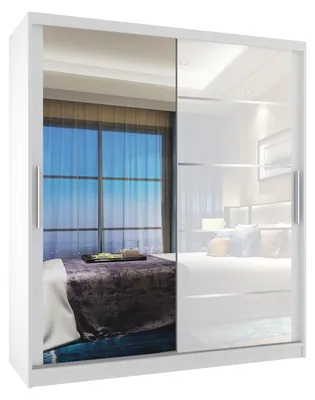 Produktbild von BELINI Verona MGB Schiebetürenschrank 133 cm Weiß Hochglanz - Kleiderschrank mit Spiegel & 2 Schubladen, Schlafzimmer