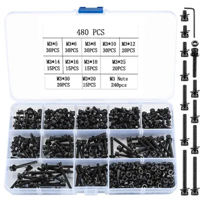 Produktbild von Schrauben- und Muttern-Set M3, 480 Stück, Kohlenstoffstahl, Innensechskant & Sechskant