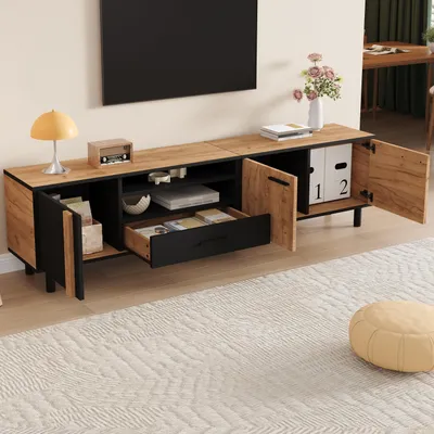 Produktbild von okwish TV-Schrank mit 3 Schränke und 1 Schublade,Lowboard Schwarz TV-Möbel mit 5 Stützbeinen,Fernsehbank mit halboffenes,TV-Regal mit Große Ablagefläche,Holzoptik,180×32.5×50cm