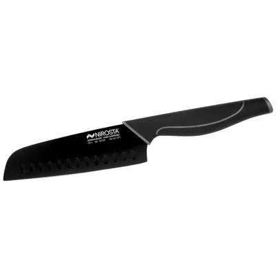Obrázok produktu pre NIROSTA Santoku nôž WAVE, kuchynský nôž z nehrdzavejúcej ocele s mäkkou rukoväťou, ostrý univerzálny nôž na krájanie a sekanie, ručne brúsená zúbkovaná čepeľ s čiernym nepriľnavým povrchom (dĺžka čepele: cca 16 cm)
