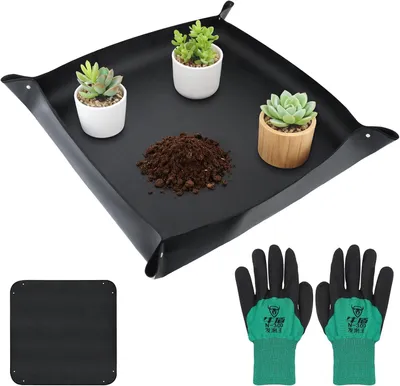 Imagen del producto de Alfombrilla impermeable para macetas, de 100x100 cm, con guantes de jardinería, plegable, para trabajos de jardinería
