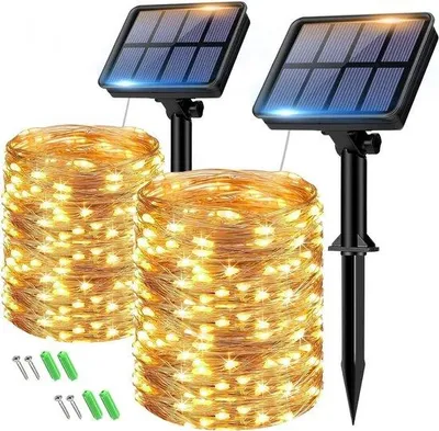Zdjęcie produktu dla Łańcuch świetlny na energię słoneczną do użytku na zewnątrz, 2 x 15 m, 150 diod LED, odporny na warunki atmosferyczne, 8 trybów pracy, stopień ochrony IP65, wodoodporny, z drutem miedzianym, łańcuch świetlny do użytku na zewnątrz, do ogrodu i tarasu