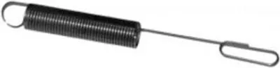 A black metal spring with loops on each end, isolated on a white background.