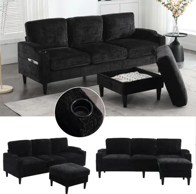 Produktbild von Sweiko Elegantes Sofa mit Hocker & Stauraum – 4-Sitzer mit bequemen Armlehnen, Getränkehalter, Seitentaschen & robusten Kunststofffüßen, Samtbezug für hautfreundlichen Komfort