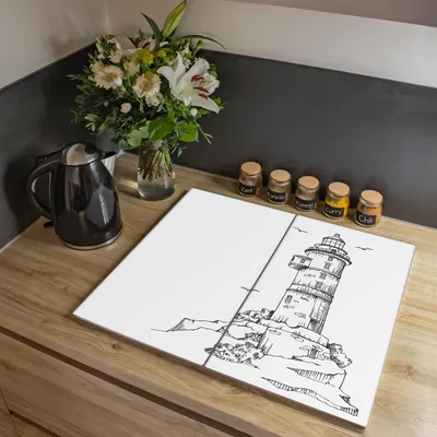 Produktbild von banjado Herdabdeckplatte zweiteilig je 30x52cm groß mit Gummi Abstandshalter, ESG Sicherheitsglas mit Motiv Leuchtturm 6 [HAP2 13076]