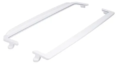 Two white refrigerator door handles are displayed diagonally against a white background.