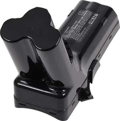 A black vacuum cleaner battery pack is shown against a white background.