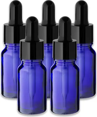 Produktbild von 5x Blaue Glasflasche 10 ml mit schwarzer Pipette leere Kosmetikflasche