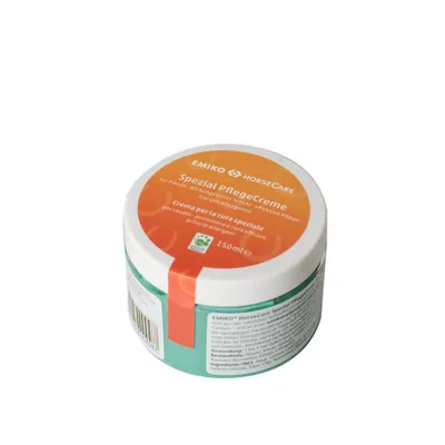 A jar of Emiko HorseCare Spezial PflegeCreme on a white background.