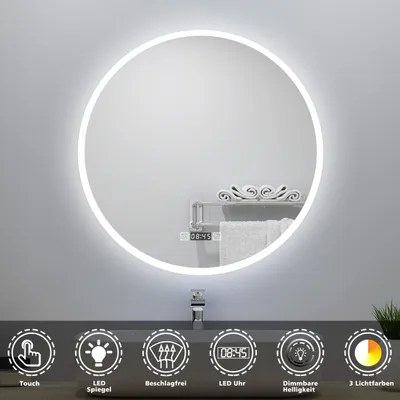 Produktbild von AICA LED Rund Badspiegel 80cm 3 Lichtfarbe Dimmbar Badezimmerspiegel mit Beschlagfrei und Uhr Memory-Funktion Wand/Touchschalter IP44