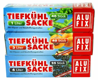 Produktbild von 105x ALUFIX Tiefkühlsäcke Gefrierbeutel Mix mit Verschlussclips 1 L 3 L 6 L