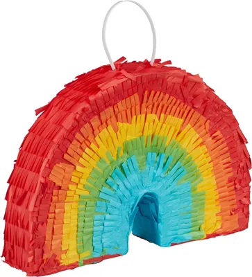 Relaxdays Piñata Zahl 7 – Bunte Regenbogen-Pinata, Zum Befüllen, Mit Stock & Maske, 50,5 Cm