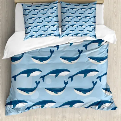 Produktbild von ABAKUHAUS Meerestiere Bettbezug Set, Abstraktes Wal Muster Nautischer Natürlicher Großer Fisch Unterwasserdruck, 200 x 200 cm + 80 x 80 cm, Blau Weiss