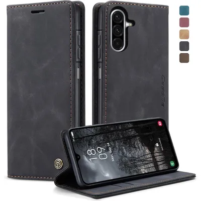 Image de Étui rabattable pour Samsung Galaxy A26 5G, en simili cuir, de couleur noire, avec porte-cartes et fonction support