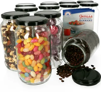 Produktbild von 12er Set Einmachglas 1062 ml Deckel Schwarz Einkochgläser Vorratsglas Glasbehälter Aufbewahrung