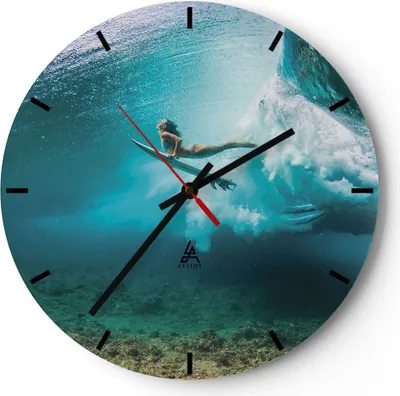 Produktbild von Wanduhr - Rund - Glasuhr - Surfen Unterwasser Frau - 40x40cm - Schleichendes Uhrwerk - Lautlos - zum Aufhängen bereit - Dekoration Modern - Wanddekoration aus Glas - C3AR40x40-4898