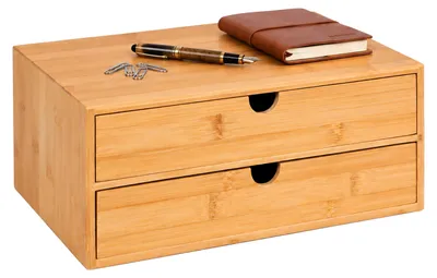 Zdjęcie produktu dla Pojemnik Relaxdays z szufladami, bambusowy, 2 szuflady, do biura i do pracy w domu, wymiary: 13,5 x 33 x 21 cm, organizer na biurko, kolor naturalny, Obraz wygenerowany przez AI