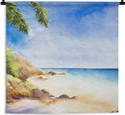 Produktbild von MuchoWow® Wandteppich Wandbehang Strand - Meer - Aquarell 150x150 cm Tapisserie Dekoration Wandtuch - Wohnaccessoires - Modernes