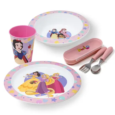 Produktbild von Kindergeschirr Set Disney Prinzessinnen - Kinder Geschirr Set mit Teller, Schüssel, Becher & Besteck - Geschirrset für Mädchen & Jungen - BPA frei