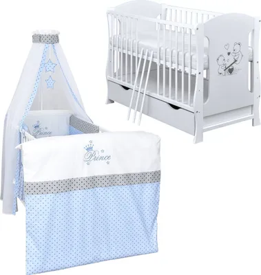 Produktbild von Baby-Delux Babybett Kinderbett Lia 120x60 Teddy Wippe Weiß inkl. Schublade Bettset Komplett Prince Stars Schaumstoffmatratze