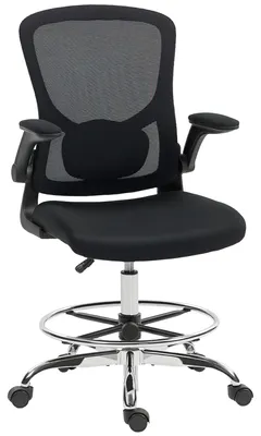 Produktbild von HOMCOM Bürostuhl mit Hochklappbar Armlehne, Fußring und 4D-Lendenstütze Schwarz