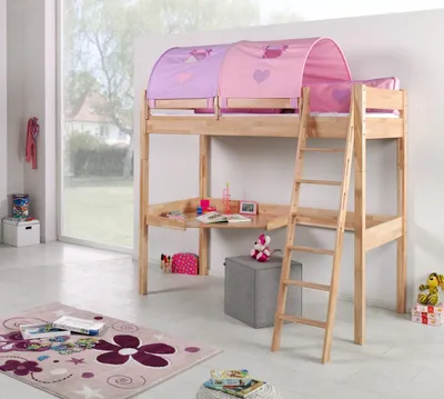 Produktbild von Hochbett Renate Buche Massiv Natur lackiert mit Schreibtisch und Textilset