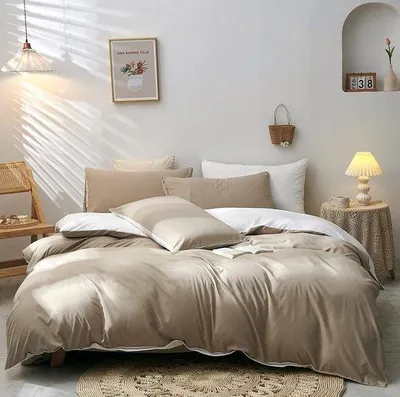 Produktbild von Famanu Bettwäsche Set 220 x 240 cm - Beige-Weiß, superweiche Mikrofaser, 3-teilig