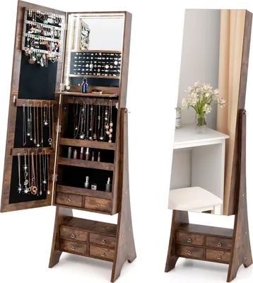 Produktbild von GOPLUS Schmuckschrank mit Ganzkörperspiegel, Spiegelschrank mit LED-Beleuchtung, Schmuckspiegel mit Ablage, Braun
