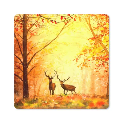 Produktbild von MuchoWow® Mauspad Mousepad Natur - Ölfarbe - Hirsche - Tiere - Herbst - Orange 20x20 cm - Mousepads - Maus Mat - Pad - Mausunterlage - Desk Mat - Bureauartikeln