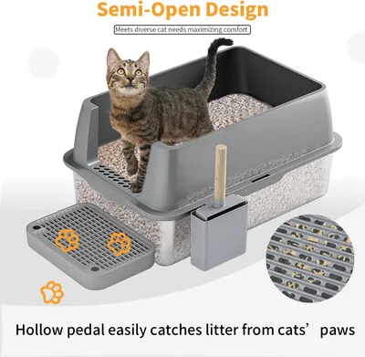 Image de Litière pour chat en acier inoxydable - Litière XL avec couvercle - Entièrement fermée - Murs hauts - Adaptée aux grands chats - Gris et argent