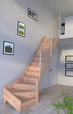 Produktbild von Holztreppe Rhodos in 1/4 gewendelter Ausführung rechts-Buche-Design Geländer Edelstahl-mit Setzstufen