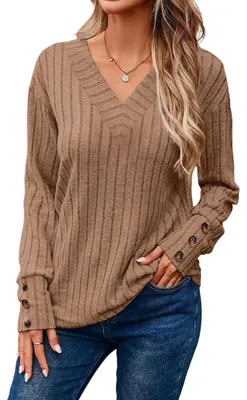 Produktbild von Damen Strickpullover V-Ausschnitt Locker Weich Lässig Warm Beige XL