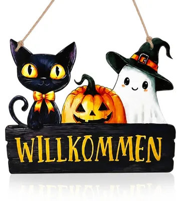 Produktbild von Halloween Dekorationsdeurbord - Willkommenstafel mit schwarzer Katze, Kürbis und Geist - 456